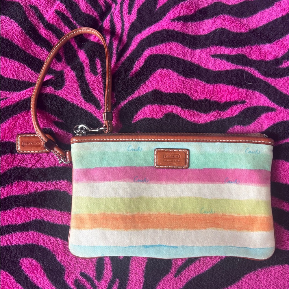 Coach Pastel Rainbow Striped Wristlet with Brown Leather Trim